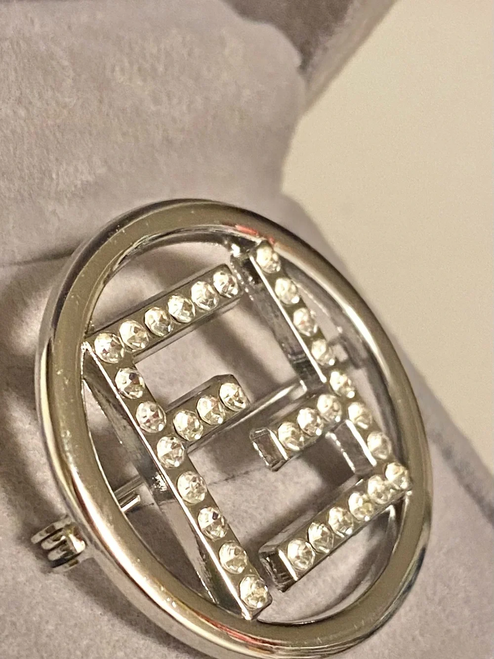 Fashion Jewelry Silver-Tone Crystal Logo F-Monogram Luxury Brooch Small